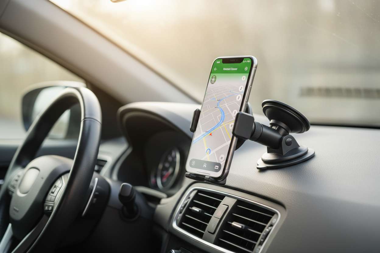 Phone Holder Mounted on Car Dashboard - Lifestyle Shot