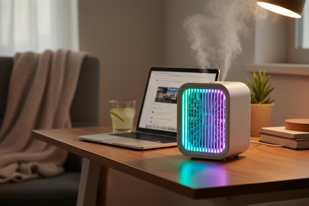 Portable Air Cooler on Desk - Lifestyle Shot with LED Light